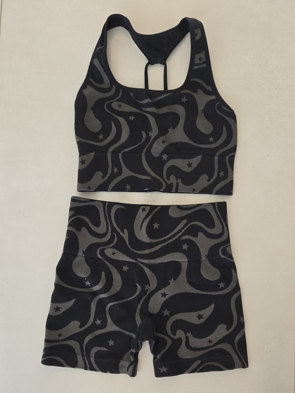 JoyLab Black & Charcoal Swirl Print Sports Bra & Biker Shorts Size S